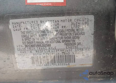 2021 Nissan Versa Sv Xtronic Cvt z USA, uszkodzony, nr VIN 3N1CN8EV9ML852568